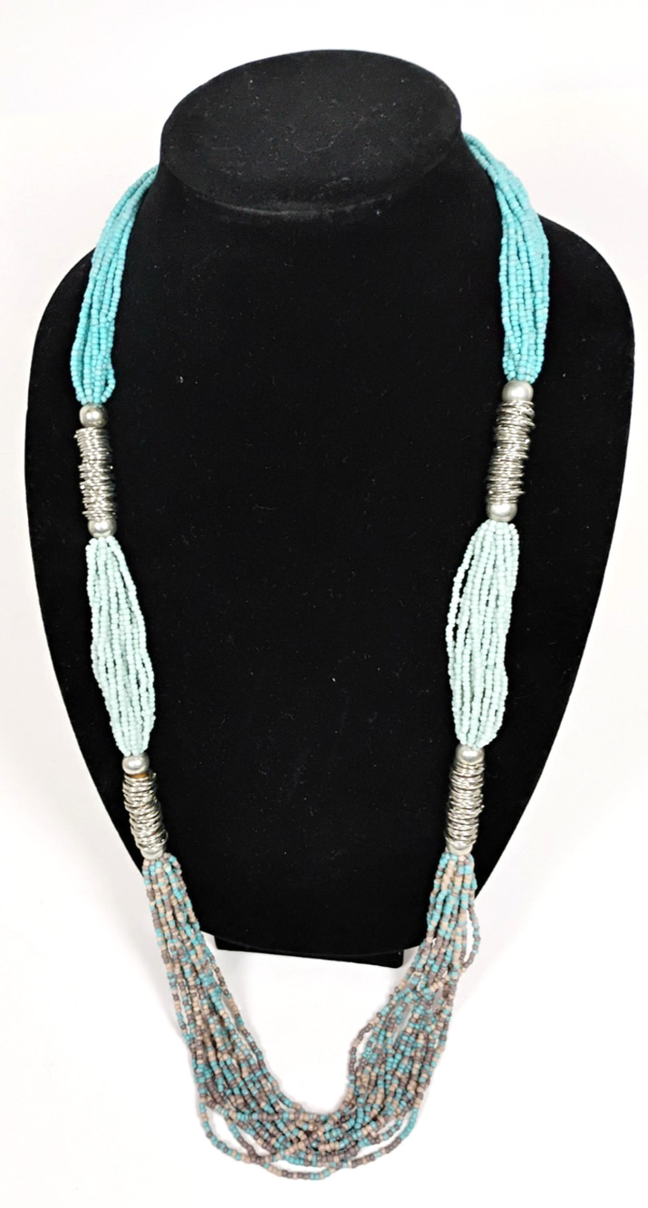 13 Strand Bead Necklace Opera Length Adjustable Turquoise Blue Metal India Boho